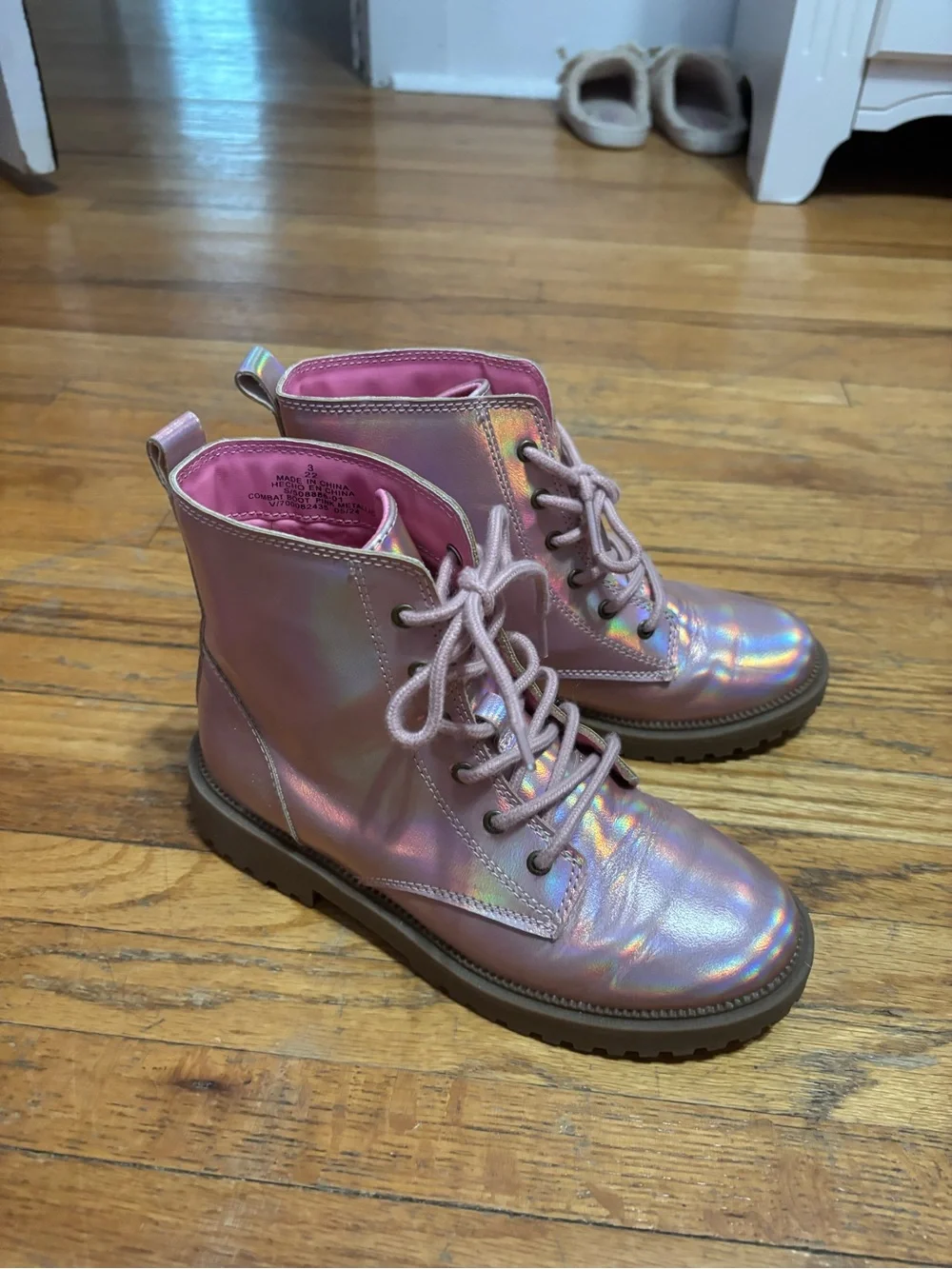 Old Navy Iridescent Pink Lace-Up Kids Combat Boots